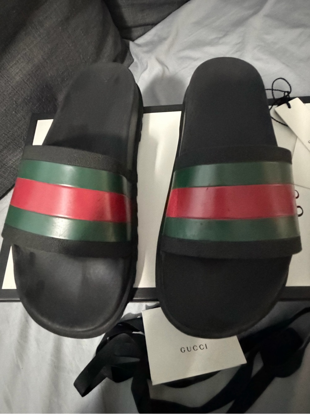 Gucci Black Slide Sandals with Green and Red Stripes